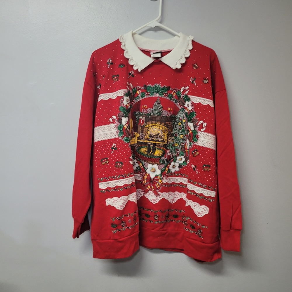 Vintage NutCracker Red Christmas Sweatshirt Plus Size 2X Lace Collar Fireplace